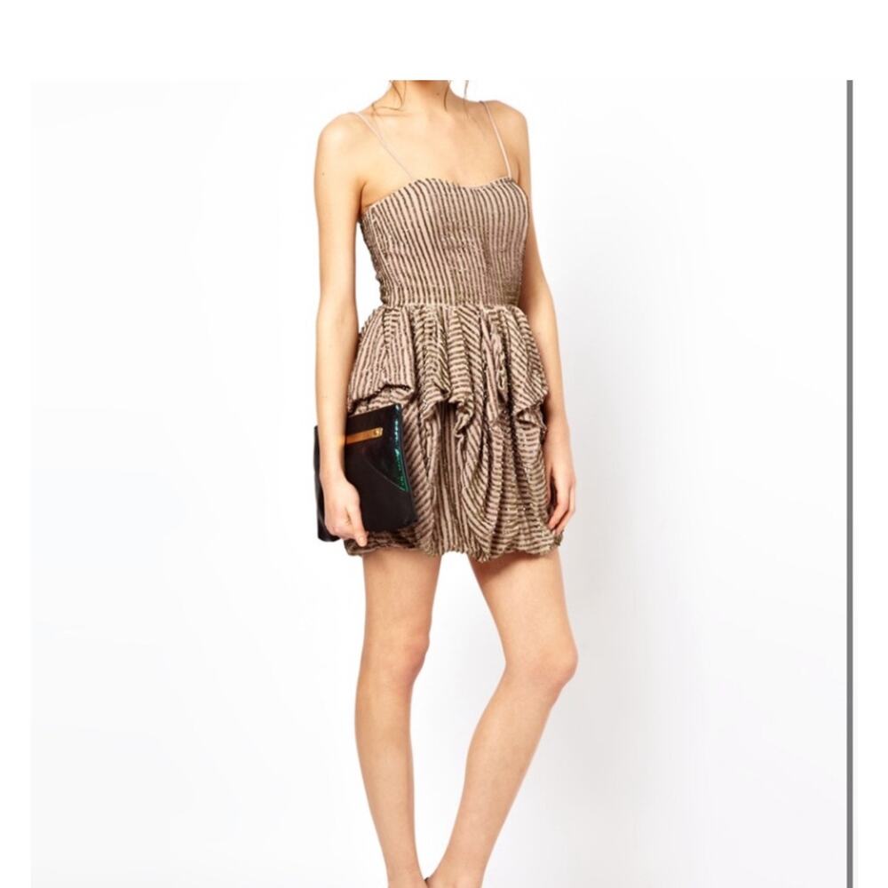 French Connection Samara Dress Women 6 Tan Sequin Bubble Hem Cocktail Elegant